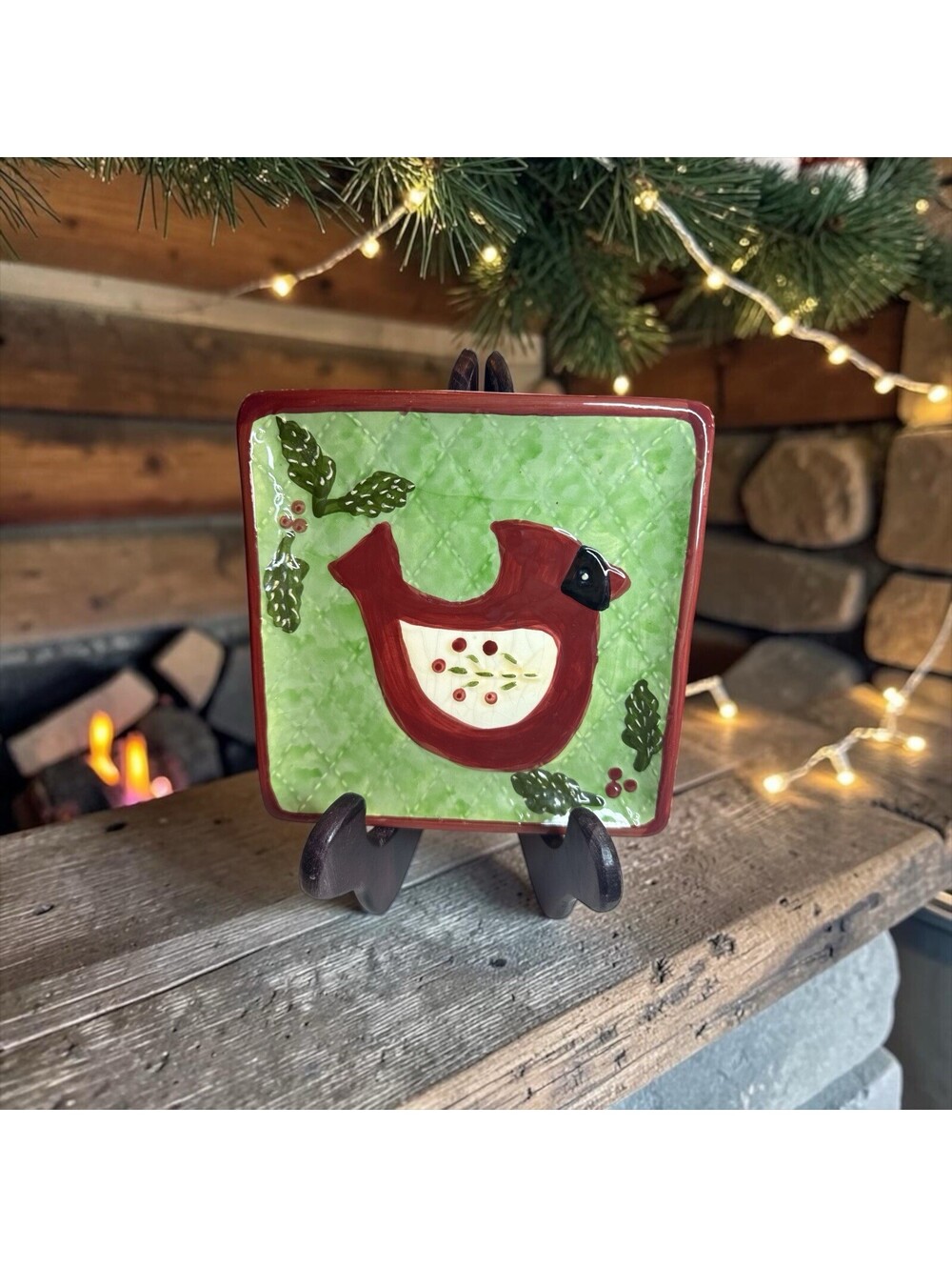 Cracker Barrel Christmas Quilt Ceramic Square Plate Cardinal/Bird Holly 6"